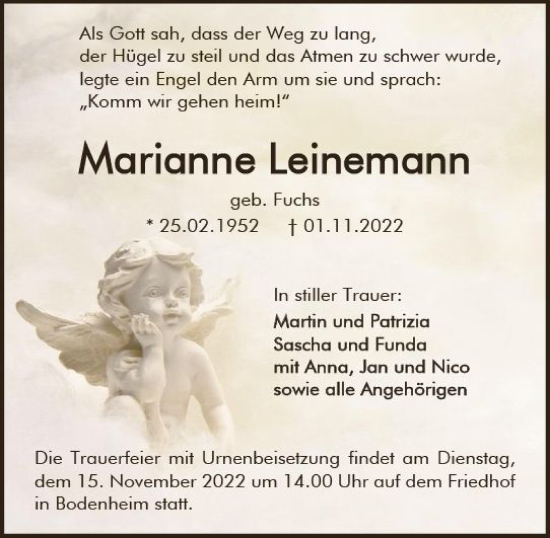 Traueranzeige von Marianne Leinemann von vrm-trauer AZ Mainz