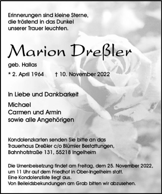 Traueranzeige von Marion Dreßler von vrm-trauer Allgemeine  Zeitung Ingelheim-Bingen