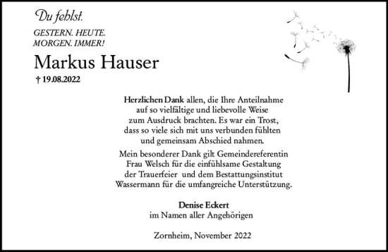 Traueranzeige von Markus Hauser von vrm-trauer AZ Mainz