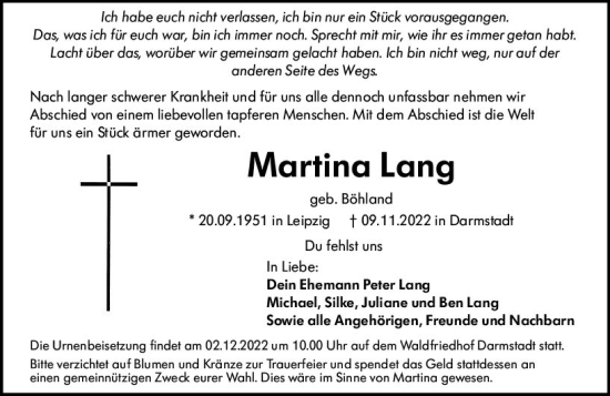 Traueranzeige von Martina Lang von vrm-trauer Darmstädter Echo