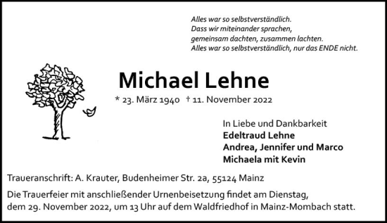 Traueranzeige von Michael Lehne von vrm-trauer AZ Mainz