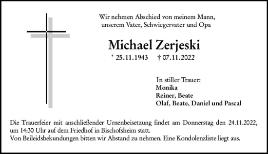 Traueranzeige von Michael Zerjeski von vrm-trauer Rüsselsheimer Echo / MainSpitze