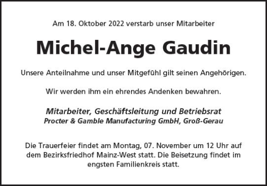 Traueranzeige von Michel-Ange Gaudin von vrm-trauer AZ Mainz