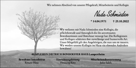 Traueranzeige von Nada Schmieden von vrm-trauer Bürstädter/Lamperth. Ztg/Starkenburger