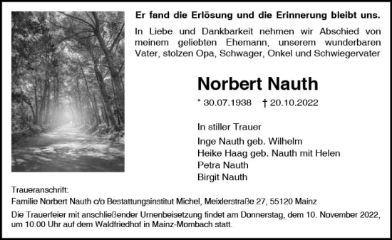 Traueranzeige von Norbert Nauth von vrm-trauer AZ Mainz