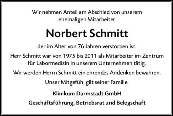 Traueranzeige von Norbert Schmitt von vrm-trauer Darmstädter Echo