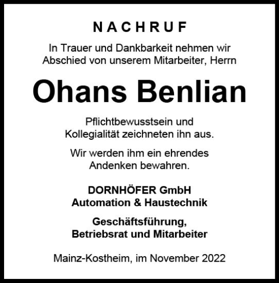 Traueranzeige von Ohans Benlian von vrm-trauer Wiesbadener Kurier