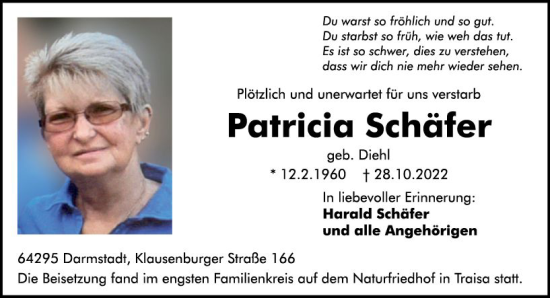 Traueranzeige von Patricia Schäfer von vrm-trauer Darmstädter Echo