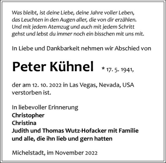 Traueranzeige von Peter Kühnel von vrm-trauer Odenwälder Echo