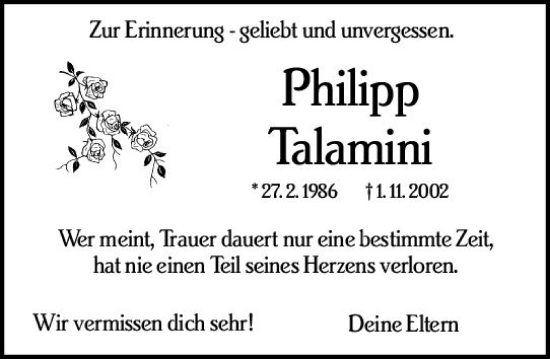 Traueranzeige von Philipp Talamini von vrm-trauer Bürstädter/Lamperth. Ztg/Starkenburger