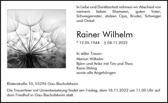 Traueranzeige von Rainer Wilhelm von vrm-trauer AZ Mainz