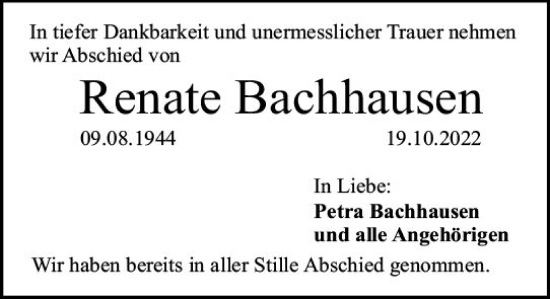 Traueranzeige von Renate Bachhausen von vrm-trauer Darmstädter Echo