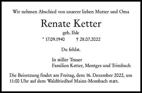 Traueranzeige von Renate Ketter von vrm-trauer AZ Mainz