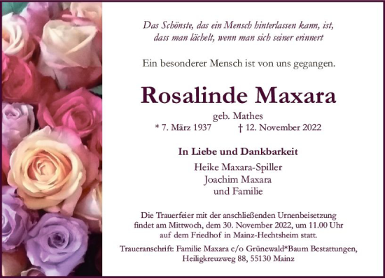 Traueranzeige von Rosalinde Maxara von vrm-trauer AZ Mainz