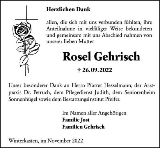 Traueranzeige von Rosel Gehrisch von vrm-trauer Bergsträßer Anzeiger