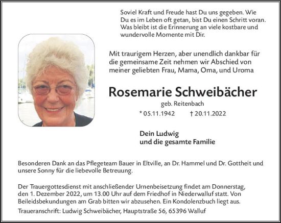 Traueranzeige von Rosemarie Schweibächer von vrm-trauer Wiesbadener Kurier