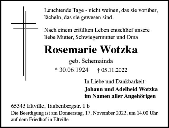 Traueranzeige von Rosemarie Wotzka von vrm-trauer Rheingau