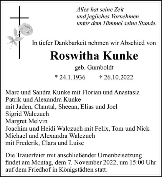 Traueranzeige von Roswitha Kunke von vrm-trauer Rüsselsheimer Echo / MainSpitze