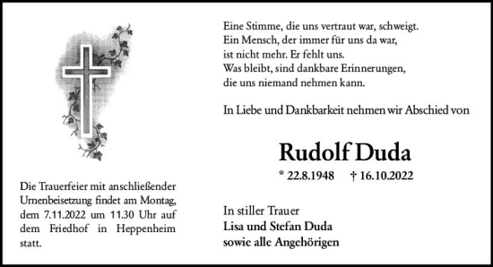 Traueranzeige von Rudolf Duda von vrm-trauer Wormser Zeitung