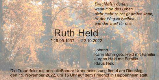Traueranzeige von Ruth Held von vrm-trauer Bürstädter/Lamperth. Ztg/Starkenburger