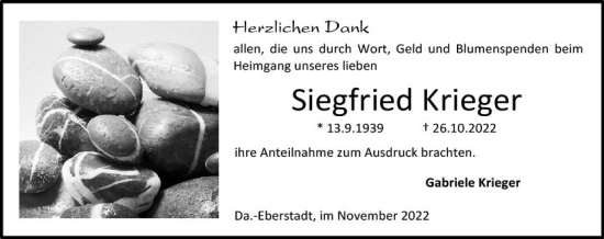 Traueranzeige von Siegfried Krieger von vrm-trauer Darmstädter Echo