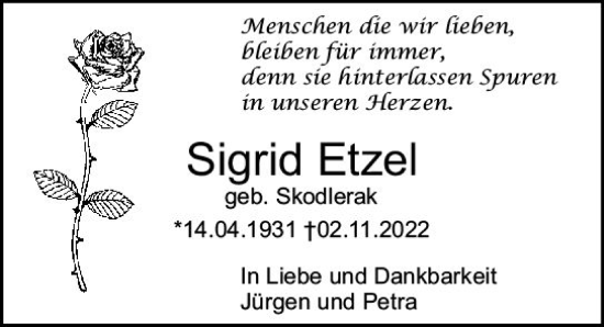 Traueranzeige von Sigrid Etzel von vrm-trauer Bürstädter/Lamperth. Ztg/Starkenburger