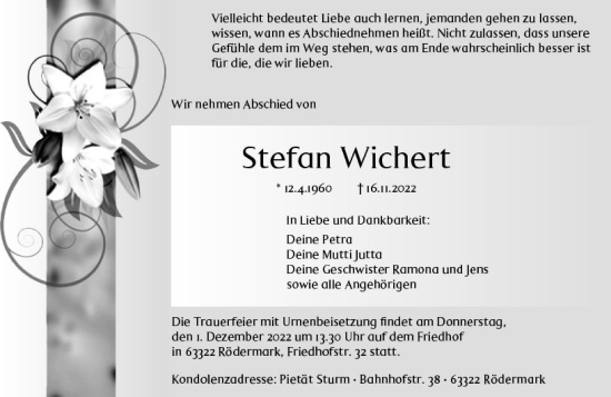 Traueranzeige von Stefan Wichert von vrm-trauer Rüsselsheimer Echo / MainSpitze