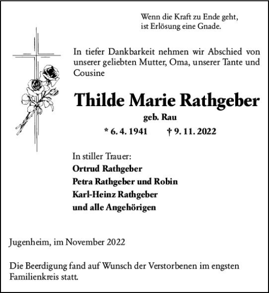 Traueranzeige von Thilde Marie Rathgeber von vrm-trauer Darmstädter Echo
