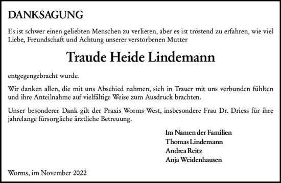 Traueranzeige von Traude Heide Lindemann von vrm-trauer Wormser Zeitung