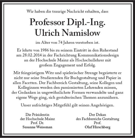 Traueranzeige von Ulrich Namislow von vrm-trauer AZ Mainz