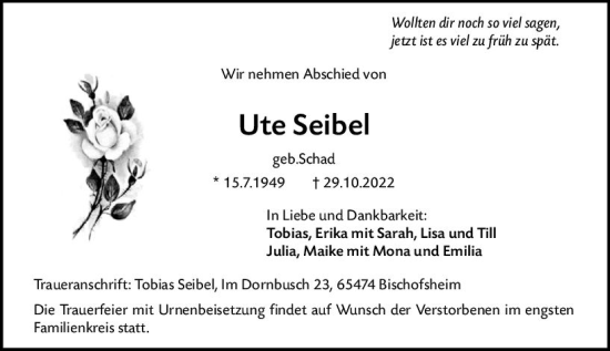 Traueranzeige von Ute Seibel von vrm-trauer Rüsselsheimer Echo / MainSpitze