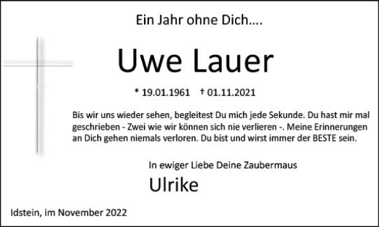 Traueranzeige von Uwe Lauer von vrm-trauer Wiesbadener Kurier