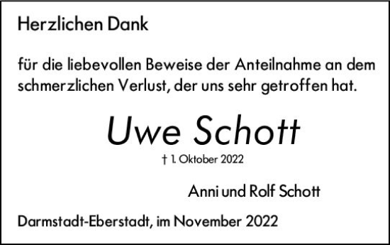 Traueranzeige von Uwe Schott von vrm-trauer Darmstädter Echo
