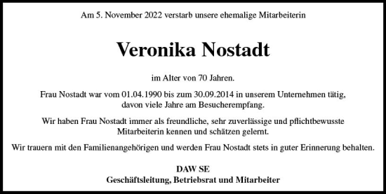 Traueranzeige von Veronika Nostadt von vrm-trauer Darmstädter Echo