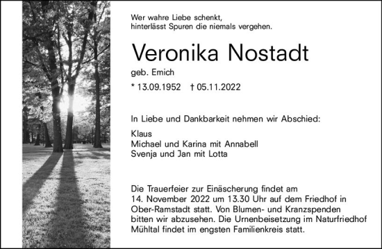 Traueranzeige von Veronika Nostadt von vrm-trauer Darmstädter Echo