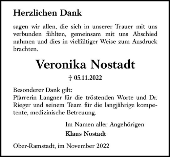 Traueranzeige von Veronika Nostadt von vrm-trauer Darmstädter Echo