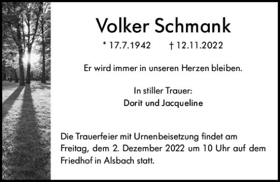 Traueranzeige von Volker Schmank von vrm-trauer Darmstädter Echo