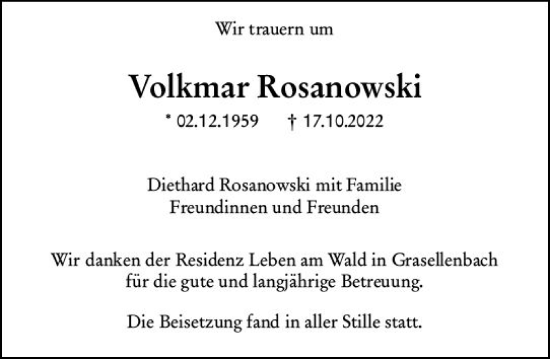 Traueranzeige von Volkmar Rosanowski von vrm-trauer Darmstädter Echo