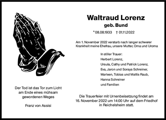 Traueranzeige von Waltraud Lorenz von vrm-trauer Odenwälder Echo