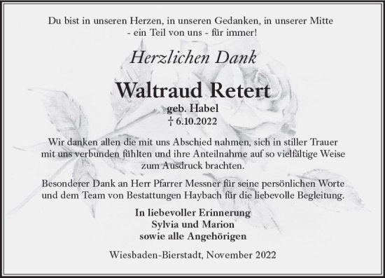 Traueranzeige von Waltraud Retert von vrm-trauer Wiesbadener Kurier