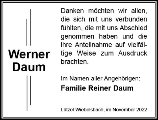 Traueranzeige von Werner Daum von vrm-trauer Odenwälder Echo