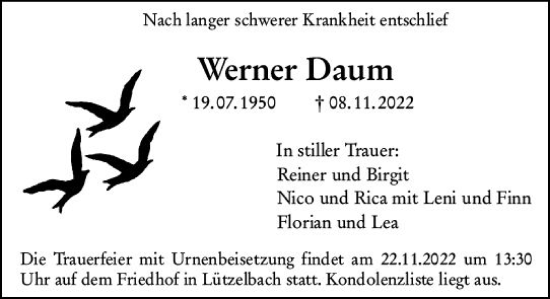 Traueranzeige von Werner Daum von vrm-trauer Odenwälder Echo
