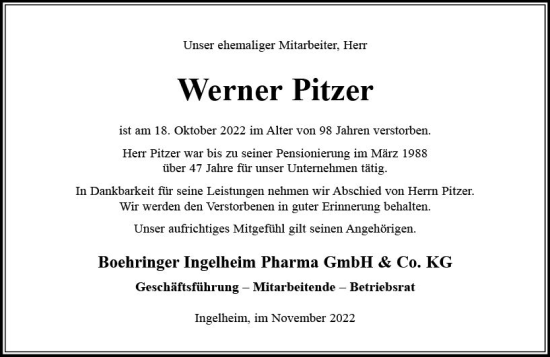 Traueranzeige von Werner Pitzer von vrm-trauer Allgemeine  Zeitung Ingelheim-Bingen
