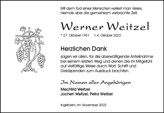 Traueranzeige von Werner Weitzel von vrm-trauer Allgemeine  Zeitung Ingelheim-Bingen