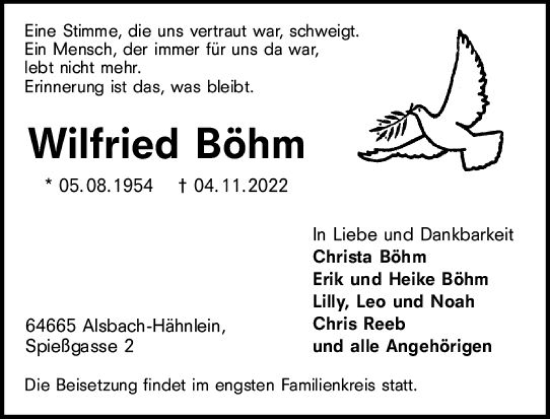 Traueranzeige von Wilfried Böhm von vrm-trauer Darmstädter Echo