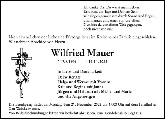 Traueranzeige von Wilfried Mauer von vrm-trauer Allgemeine Zeitung Alzey