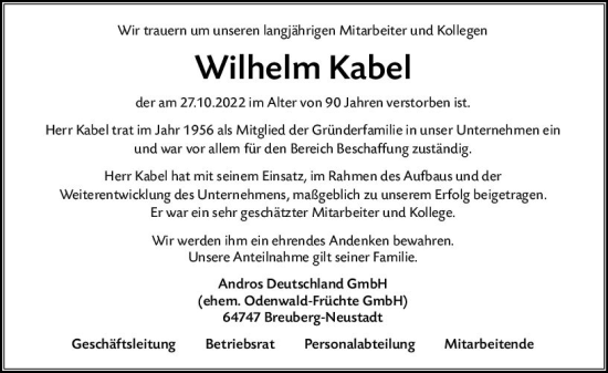 Traueranzeige von Wilhelm Kabel von vrm-trauer Odenwälder Echo