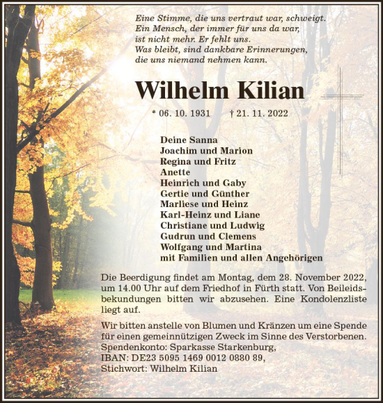 Traueranzeige von Wilhelm Kilian von vrm-trauer Bürstädter/Lamperth. Ztg/Starkenburger