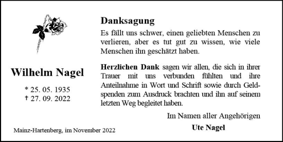 Traueranzeige von Wilhelm Nagel von vrm-trauer AZ Mainz