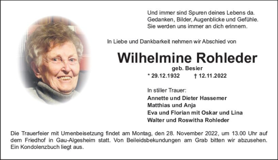 Traueranzeige von Wilhelmine Rohleder von vrm-trauer Allgemeine  Zeitung Ingelheim-Bingen
